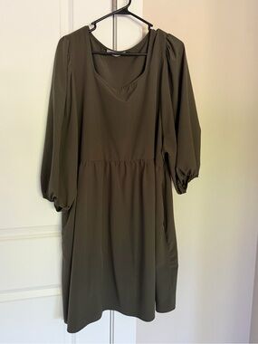 Olive Green Scoop Neck Mini Dress with Balloon Sleeves